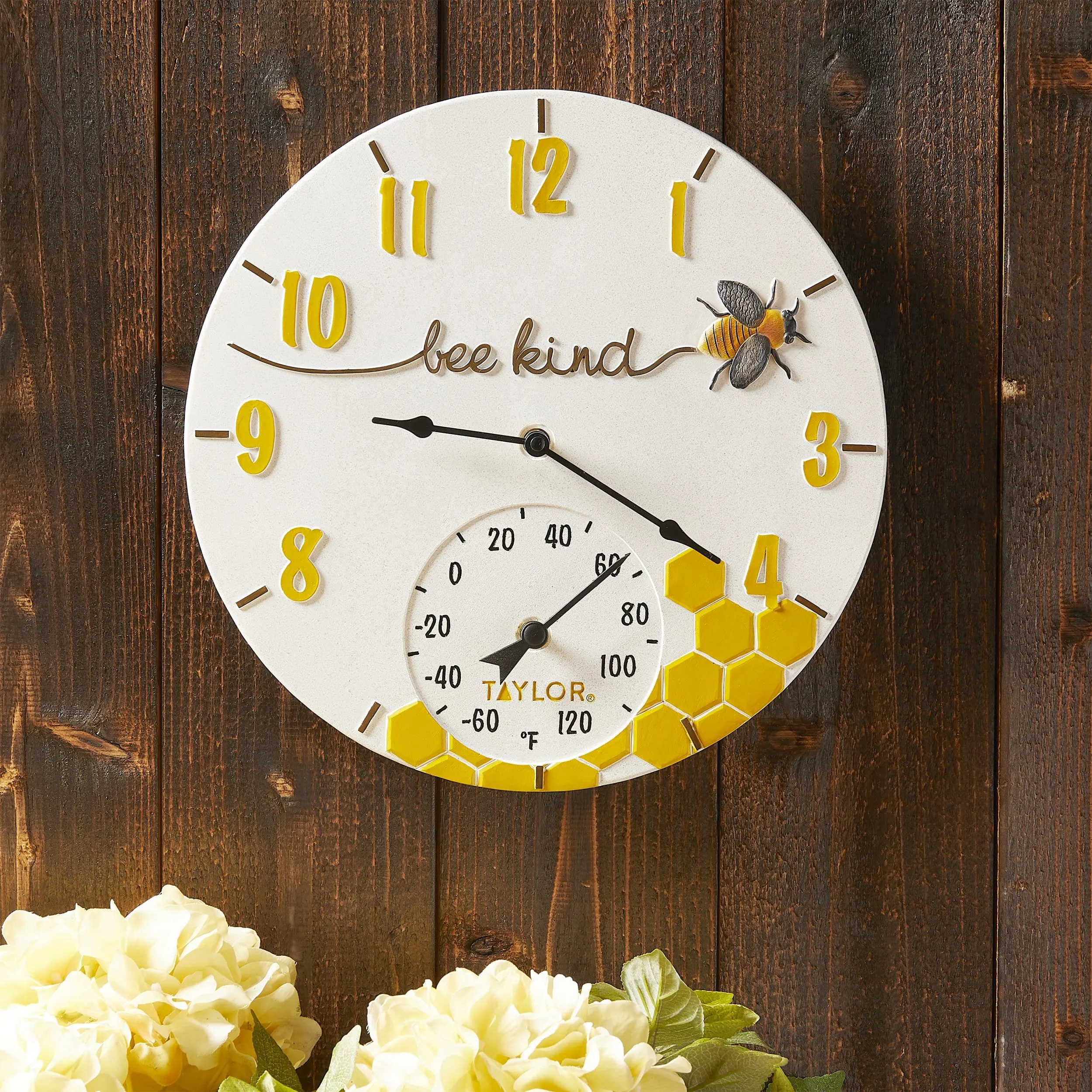 14" Bee Kind Poly Resin Clock with Thermometer