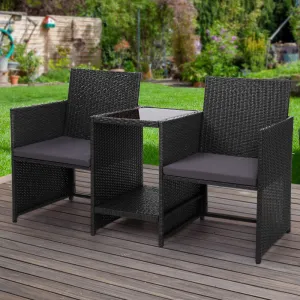 Archie 2-Seater Wicker Loveseat Bistro Patio Garden Furniture Outdoor Setting - Black
