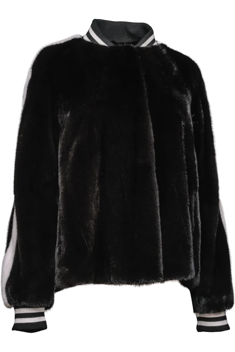 Black/White Baseball Mink Fur Jacket - Knit Cuffs