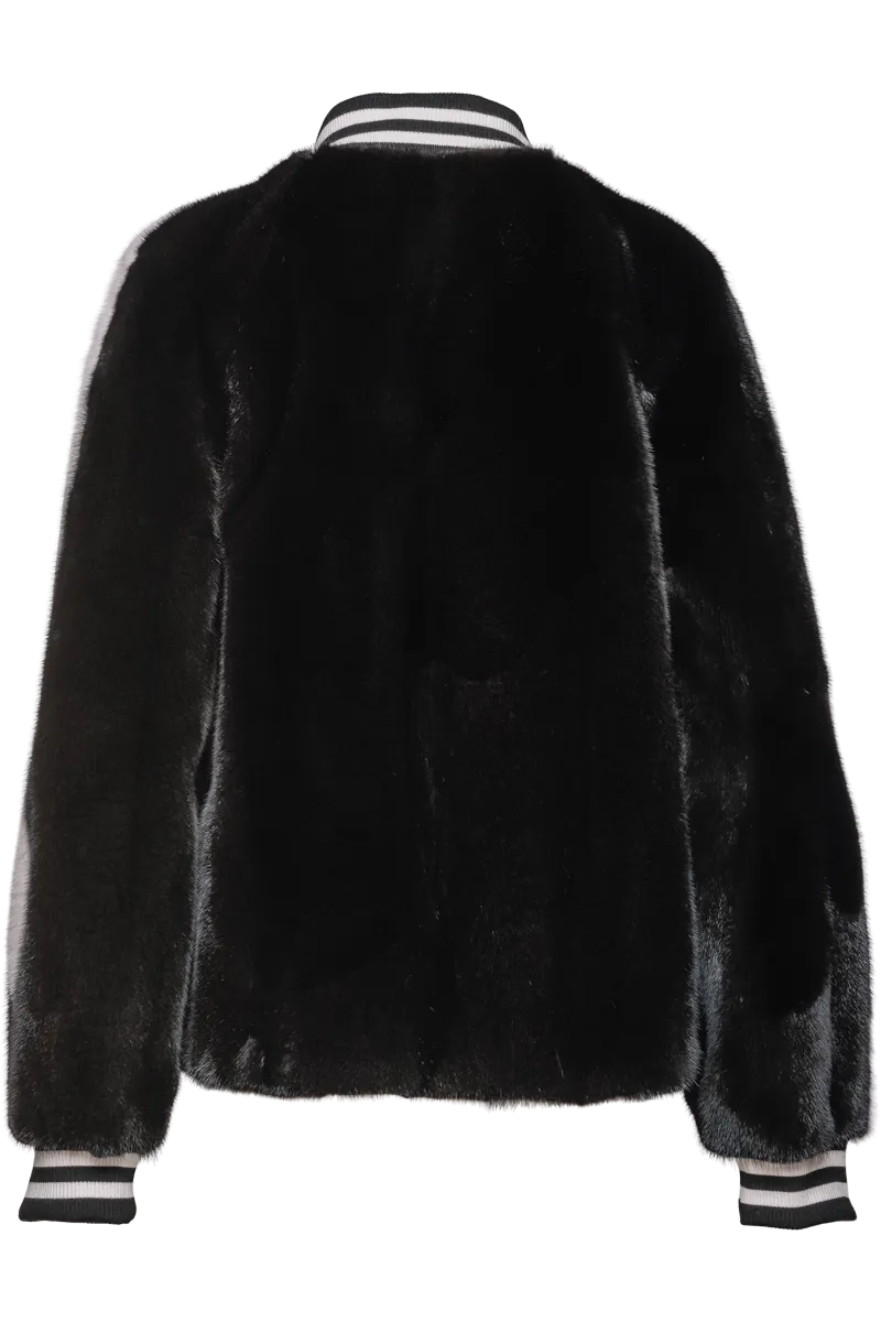 Black/White Baseball Mink Fur Jacket - Knit Cuffs