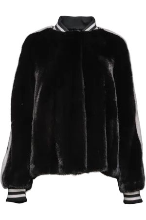 Black/White Baseball Mink Fur Jacket - Knit Cuffs