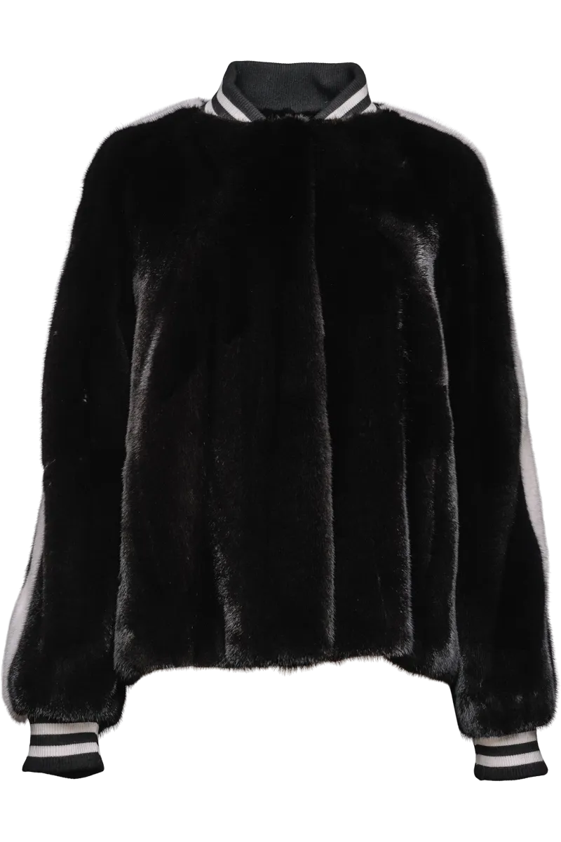 Black/White Baseball Mink Fur Jacket - Knit Cuffs