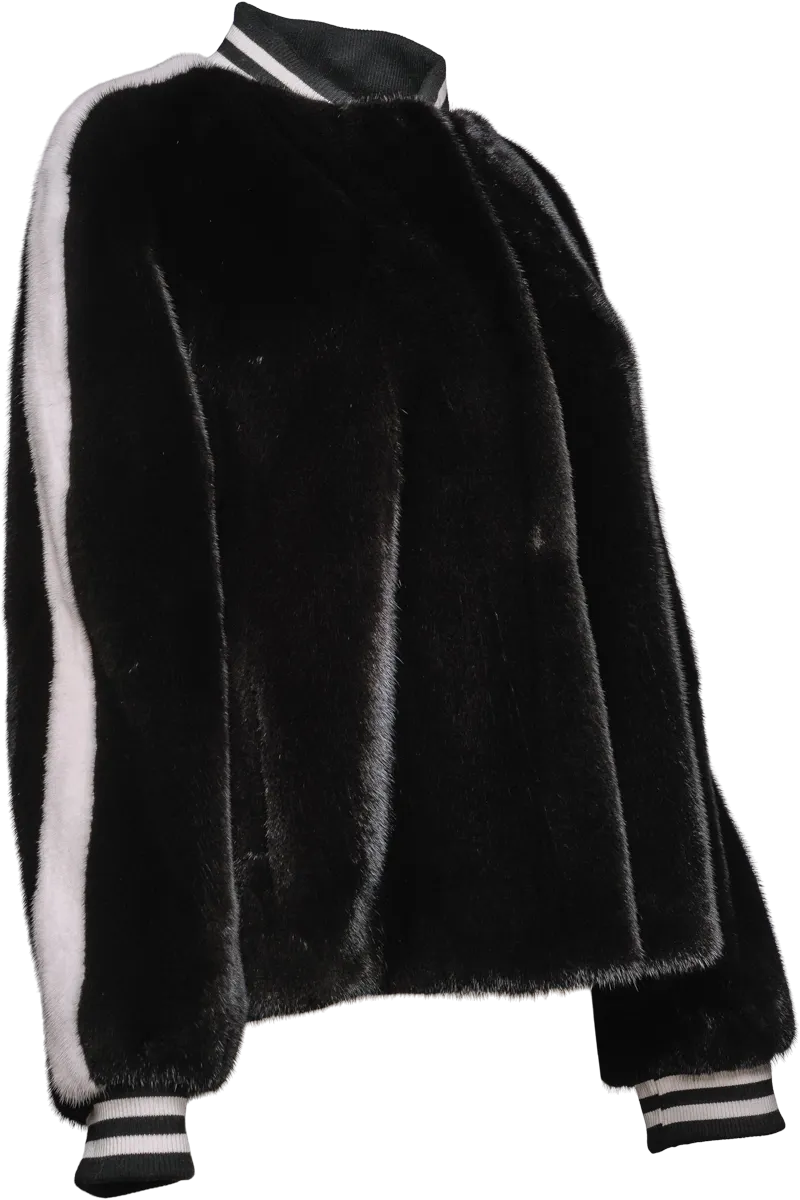 Black/White Baseball Mink Fur Jacket - Knit Cuffs
