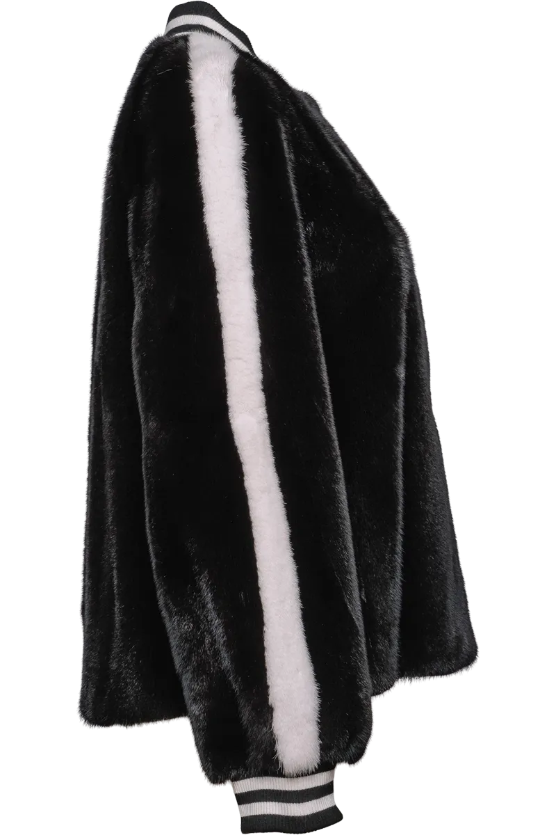 Black/White Baseball Mink Fur Jacket - Knit Cuffs