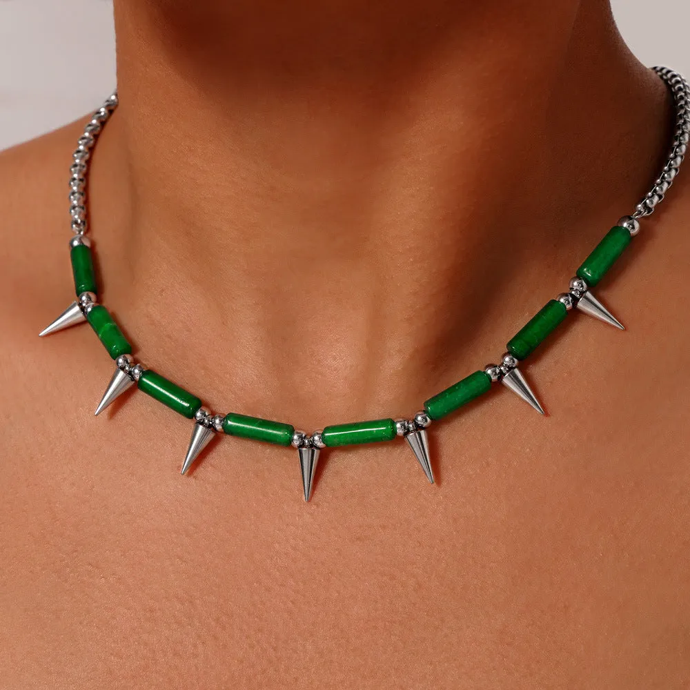 European Punk Panther Natural Stone Titanium Steel Necklace
