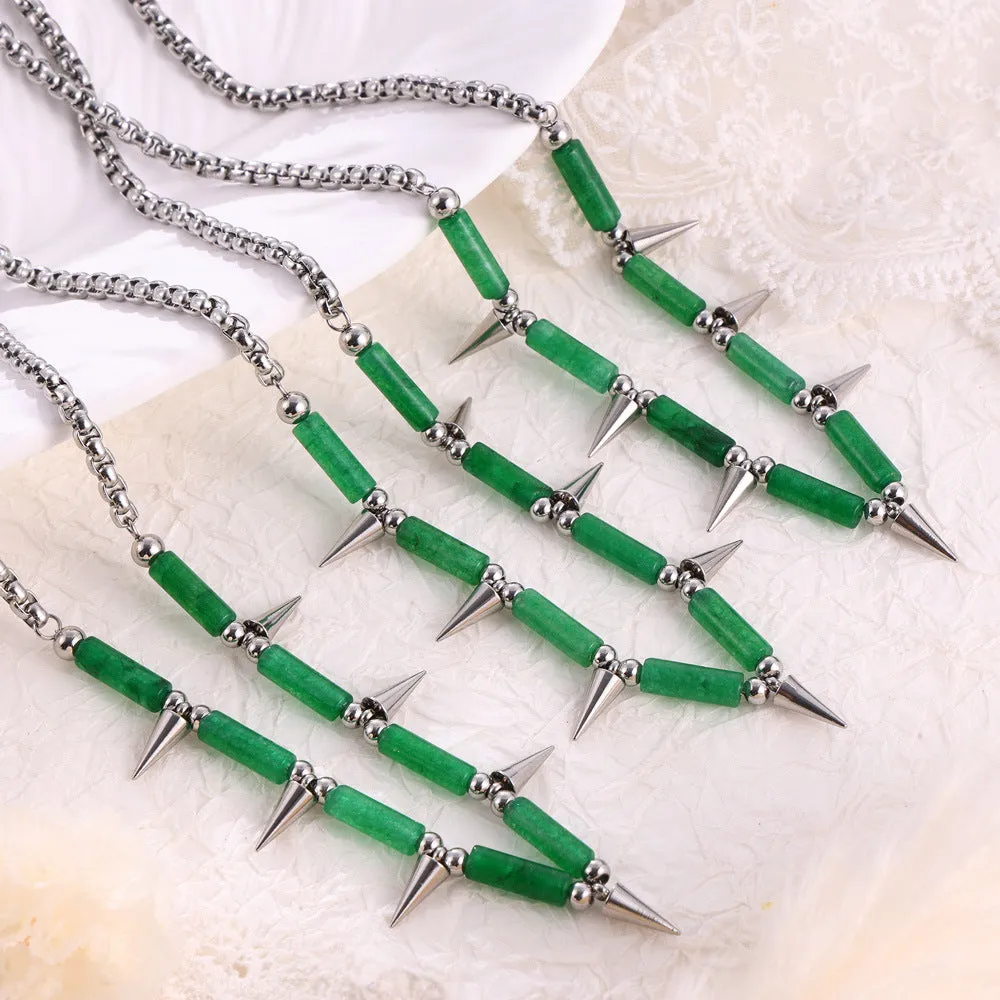 European Punk Panther Natural Stone Titanium Steel Necklace