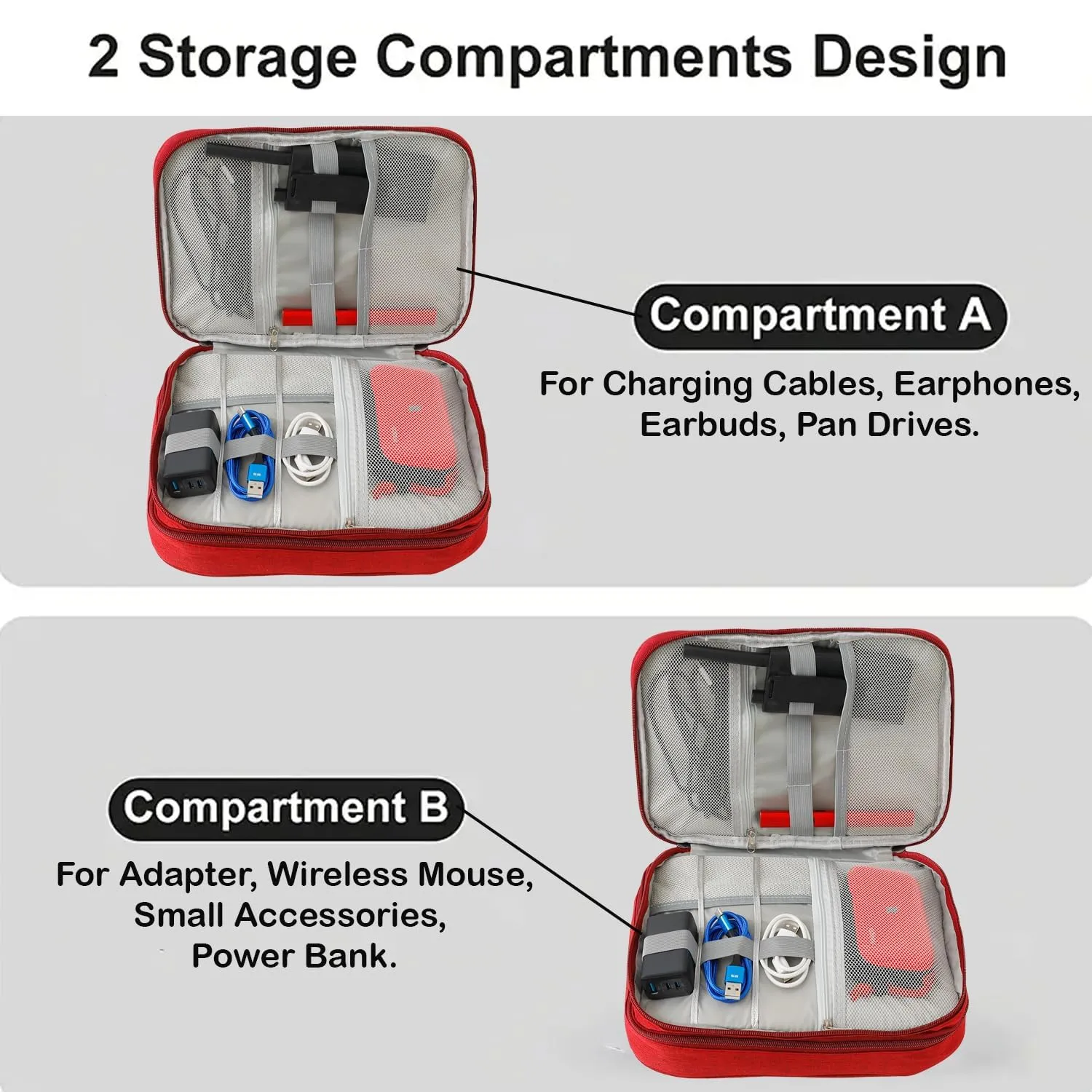 Homestic Travel Organizer For Electronic Accessories|Multipurpose Pouch|Adapter, Cable, Gadget Organizer|Three Comparment With Zipper (Red)