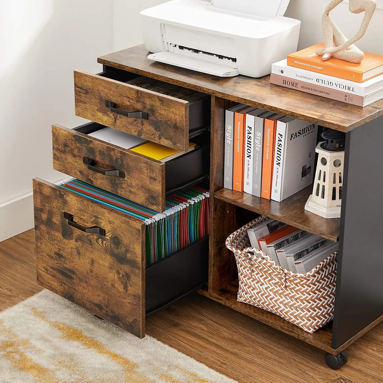 Industrial 3-Drawer File Cabinet, Mobile Lateral Filing Cabinet with Open Compartments, for A4