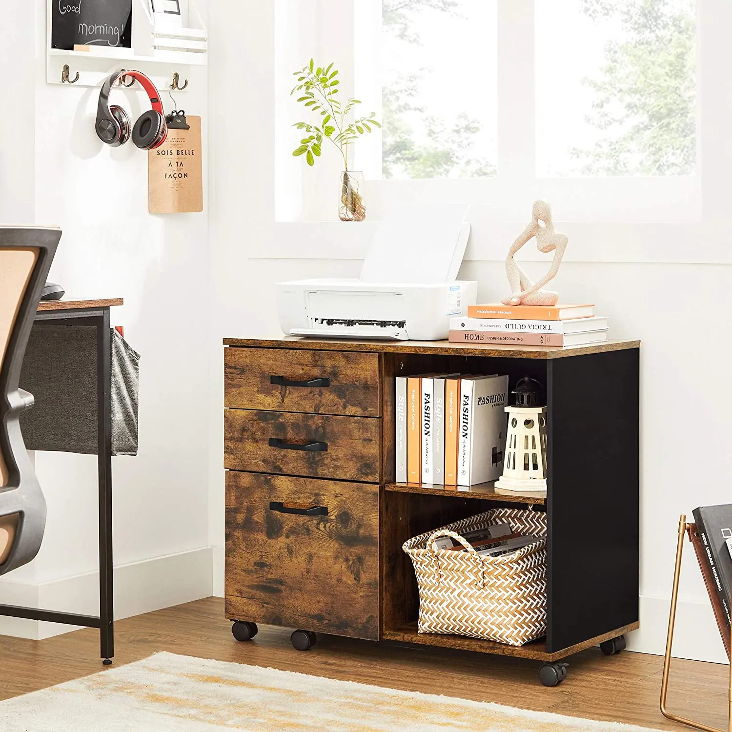 Industrial 3-Drawer File Cabinet, Mobile Lateral Filing Cabinet with Open Compartments, for A4