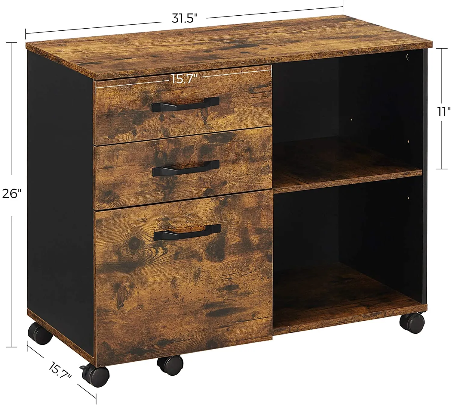 Industrial 3-Drawer File Cabinet, Mobile Lateral Filing Cabinet with Open Compartments, for A4