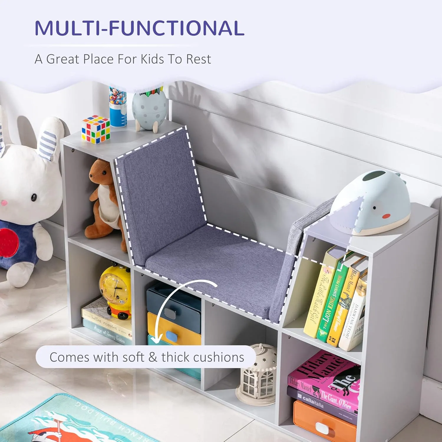 Kids Storage Cabinet, Organiser Display Shelf w/ Six Compartments for Toys, Clothes, Books - Grey