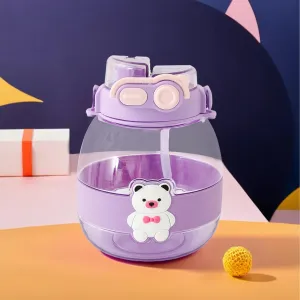 Kuber Industries Pack of 4 Kids Water Bottle With Straw |Cute Teddy Bear Sipper Water Bottle For Kids Boys Girls| Water Bottle with Locking Flip Lid | 1000 ML | Purple | SYZ-7730A