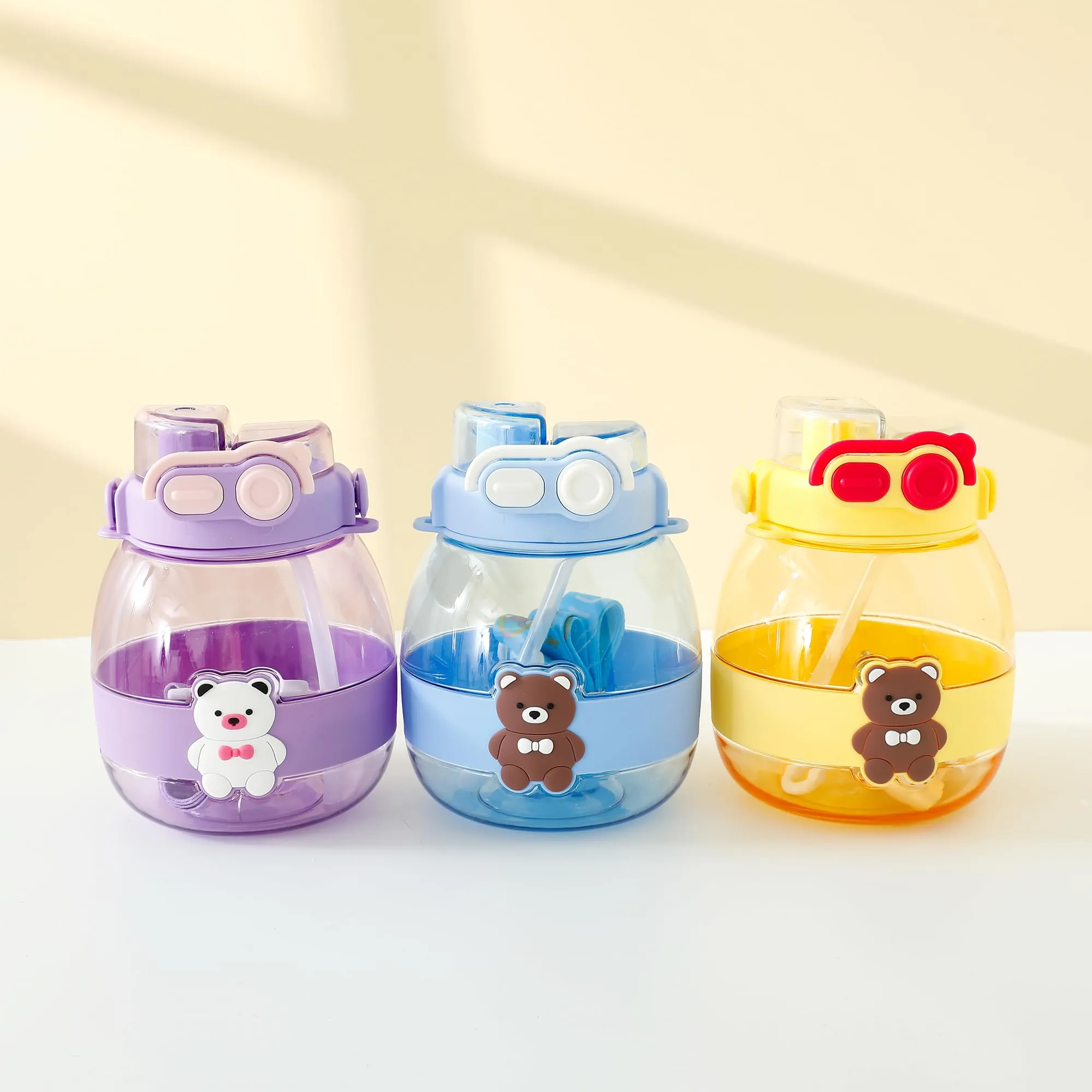 Kuber Industries Pack of 5 Kids Water Bottle With Straw |Cute Teddy Bear Sipper Water Bottle For Kids Boys Girls| Water Bottle with Locking Flip Lid | 1000 ML | Purple | SYZ-7730A