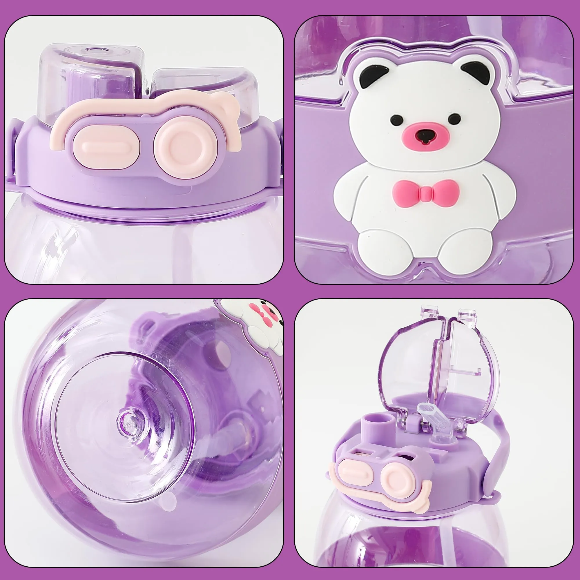 Kuber Industries Pack of 5 Kids Water Bottle With Straw |Cute Teddy Bear Sipper Water Bottle For Kids Boys Girls| Water Bottle with Locking Flip Lid | 1000 ML | Purple | SYZ-7730A