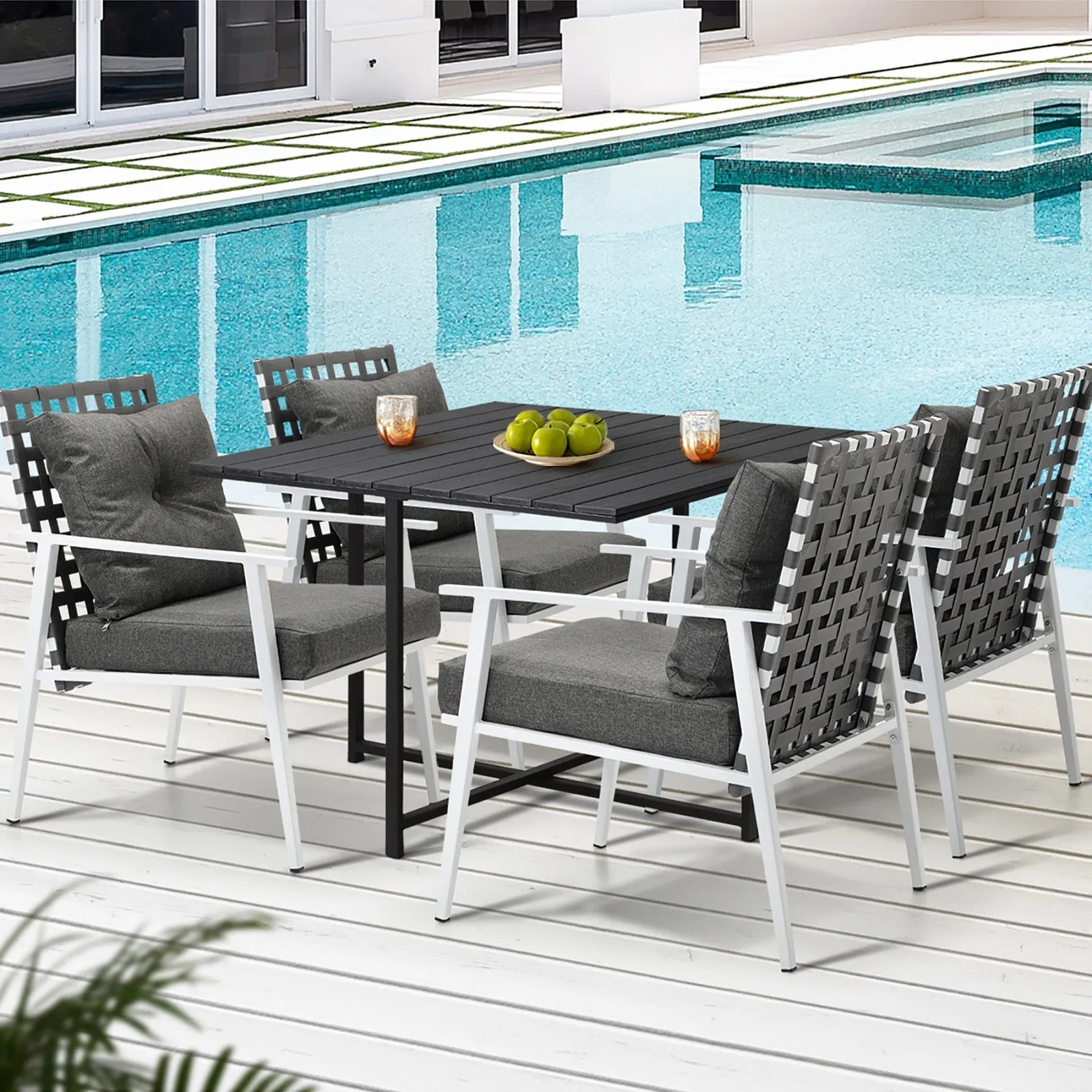 Livsip Outdoor Dining Set Patio Furniture Balck Table Rattan White Chairs 5PC