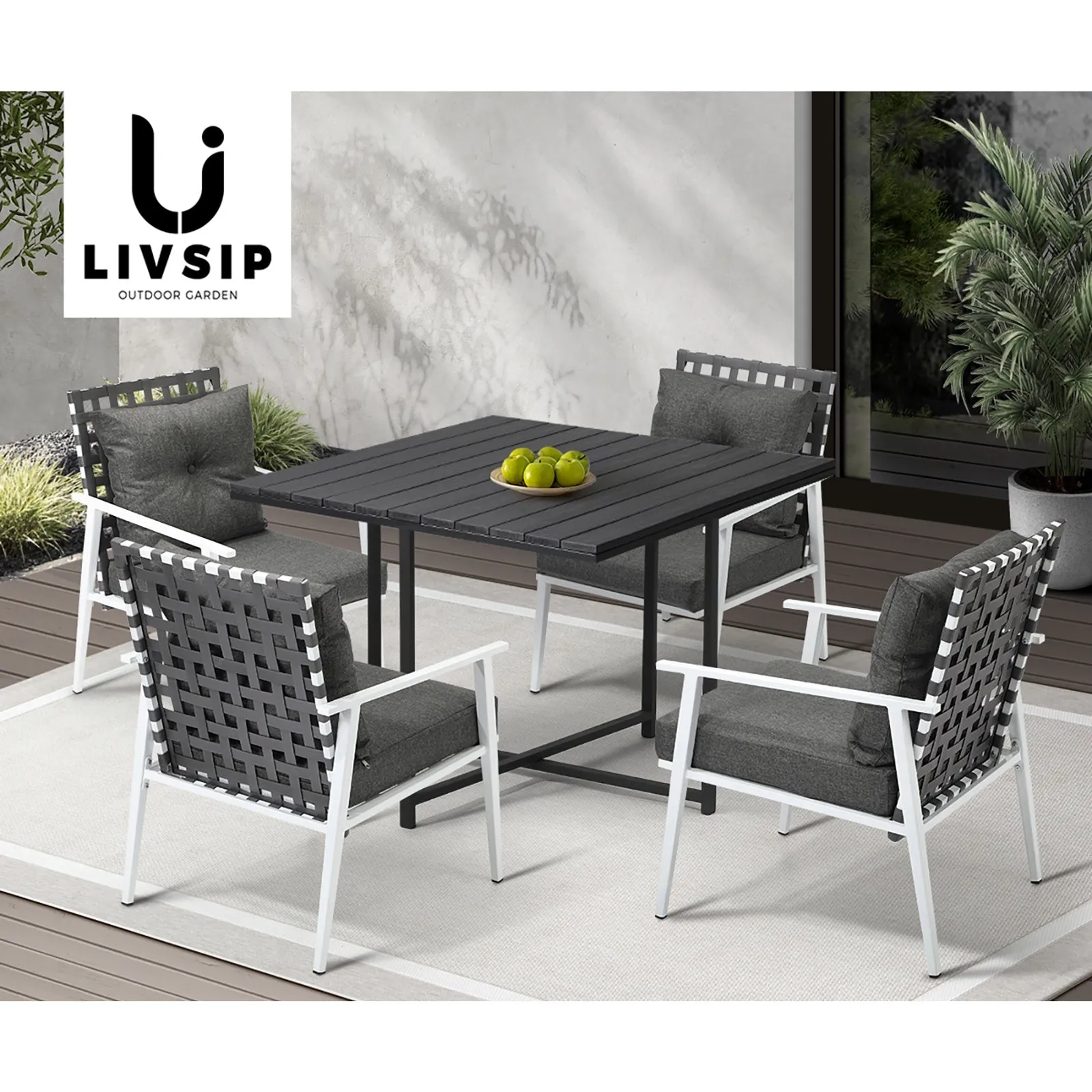Livsip Outdoor Dining Set Patio Furniture Balck Table Rattan White Chairs 5PC