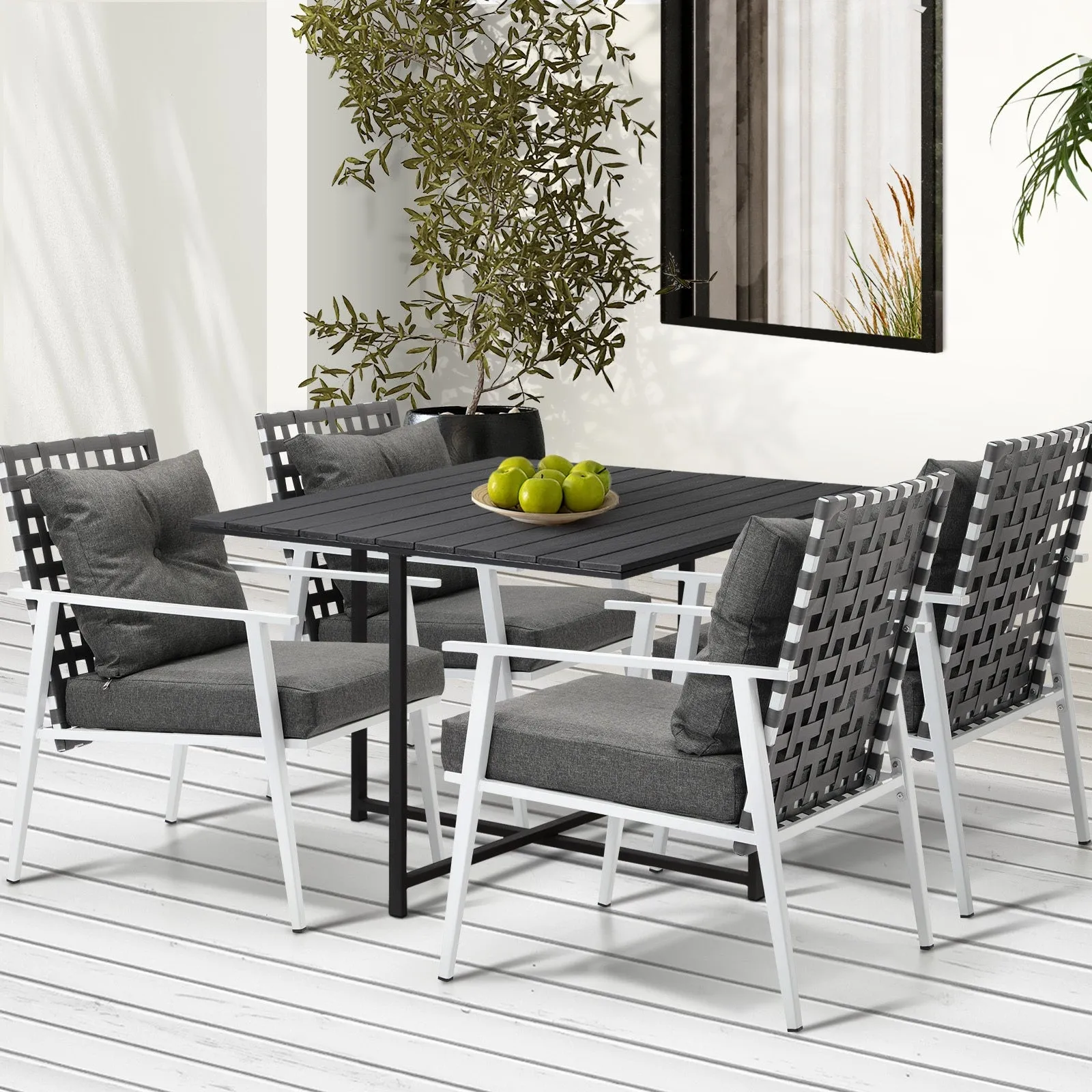 Livsip Outdoor Dining Set Patio Furniture Balck Table Rattan White Chairs 5PC