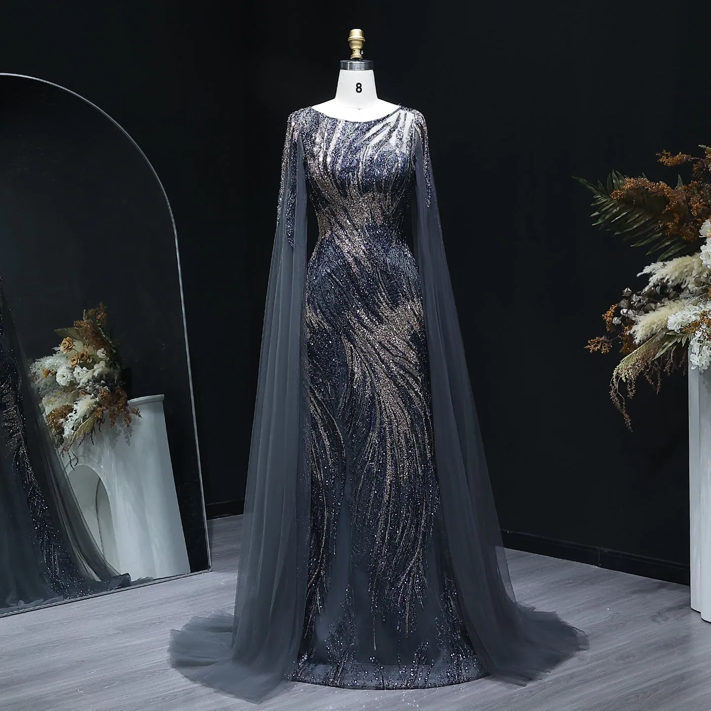 Luxury Purple Evening Dress with Cape Sleeves SS051