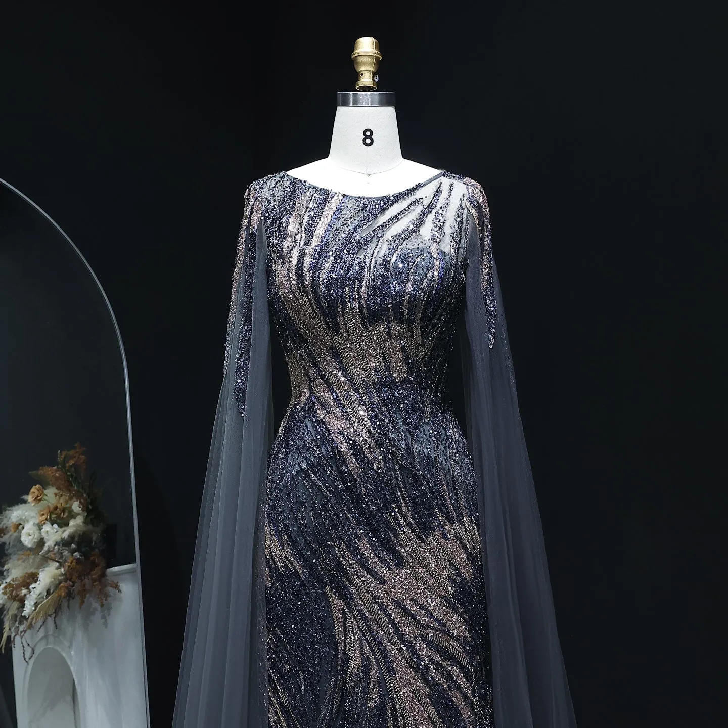 Luxury Purple Evening Dress with Cape Sleeves SS051