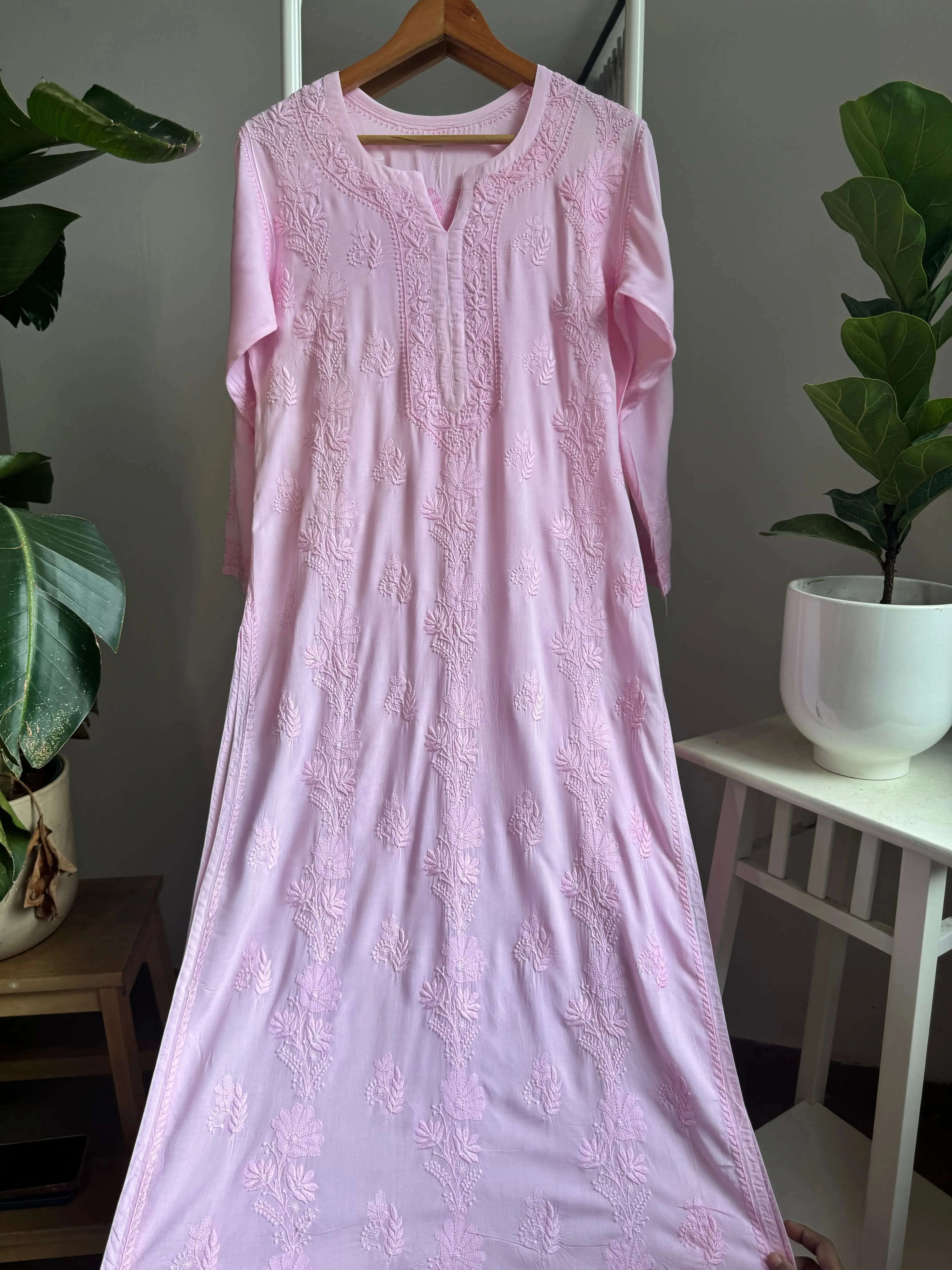 Premium Modal Chikankari Cotton Kurti - Pink