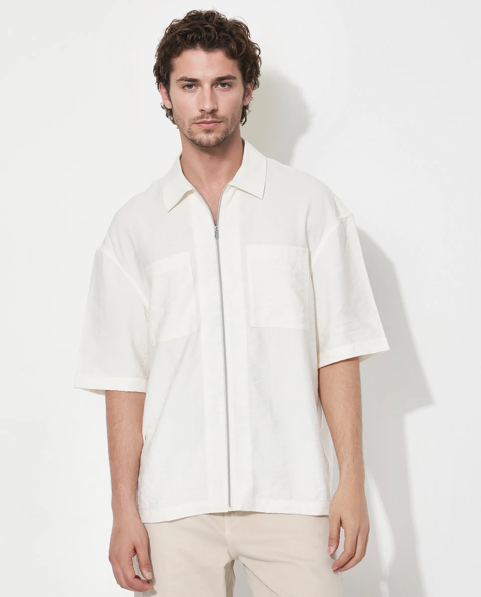 Rare Rabbit Articale Men's Kai Light Beige Viscose Nylon Fabric Short Sleeve Zip Closure Boxy Fit Solid Shirt