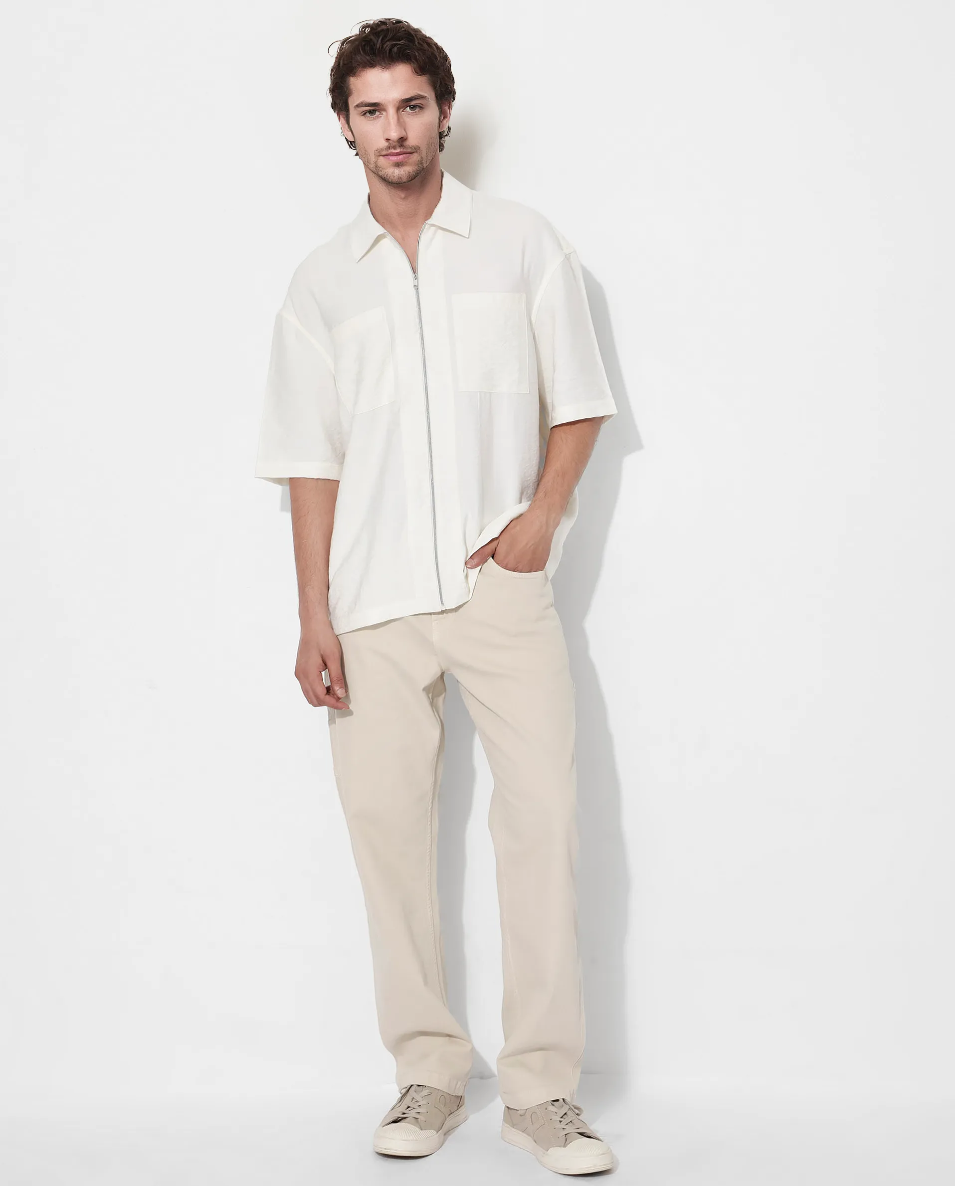 Rare Rabbit Articale Men's Kai Light Beige Viscose Nylon Fabric Short Sleeve Zip Closure Boxy Fit Solid Shirt