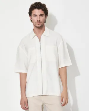 Rare Rabbit Articale Men's Kai Light Beige Viscose Nylon Fabric Short Sleeve Zip Closure Boxy Fit Solid Shirt