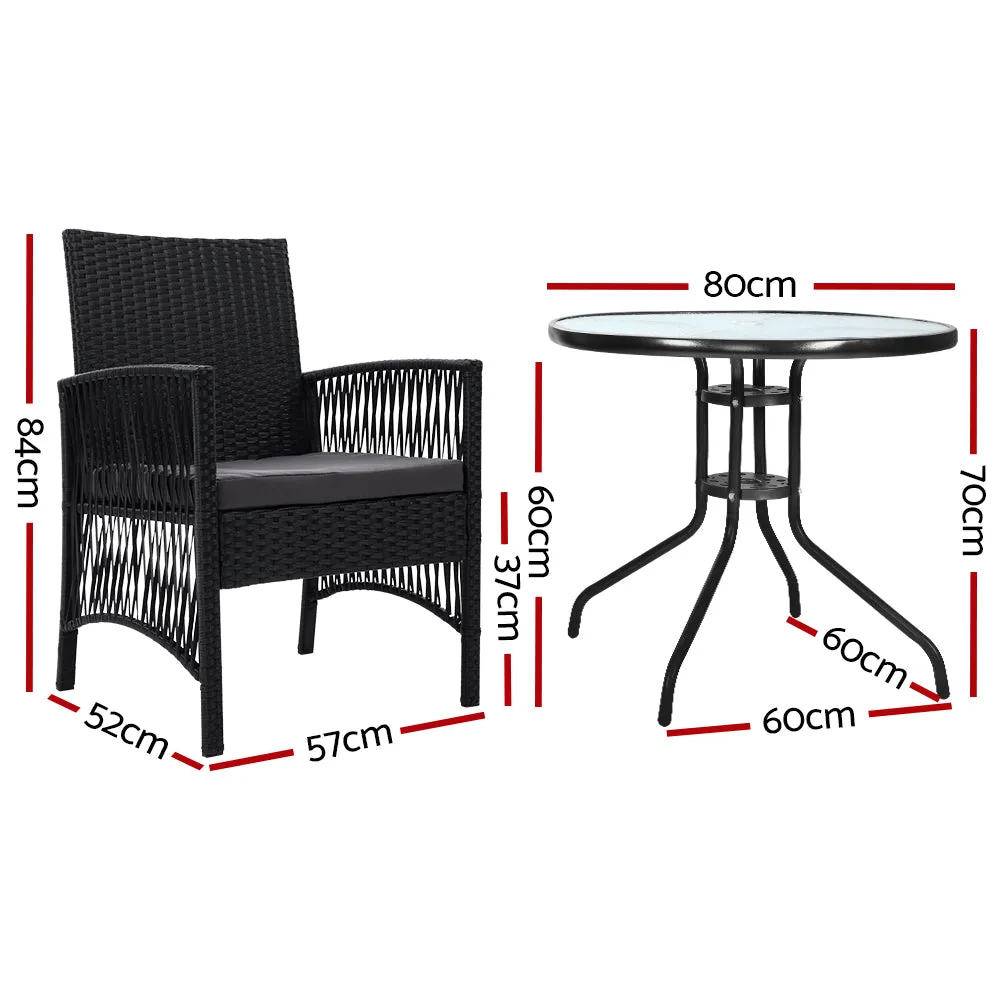 Shanklin 2-Seater Chairs Wicker Garden Patio Cushion Tea Coffee Cafe Bar 3-Piece Outdoor Furniture - Black