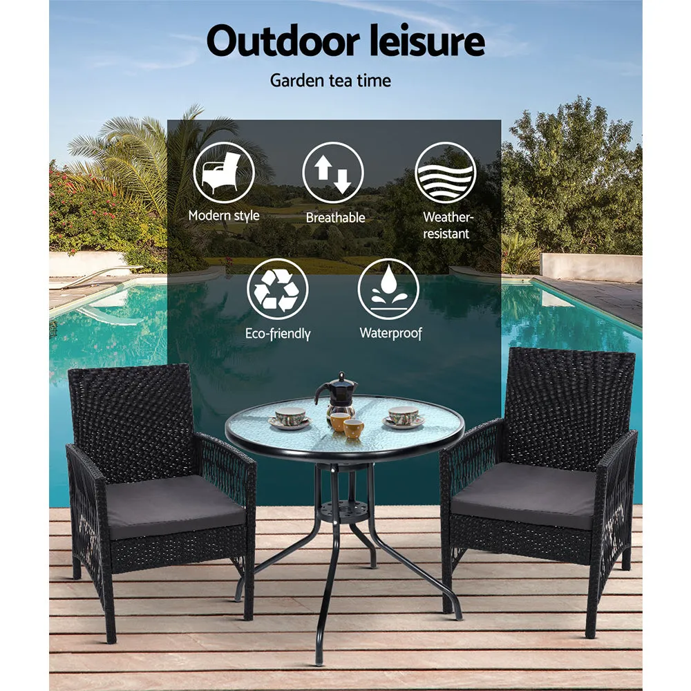 Shanklin 2-Seater Chairs Wicker Garden Patio Cushion Tea Coffee Cafe Bar 3-Piece Outdoor Furniture - Black