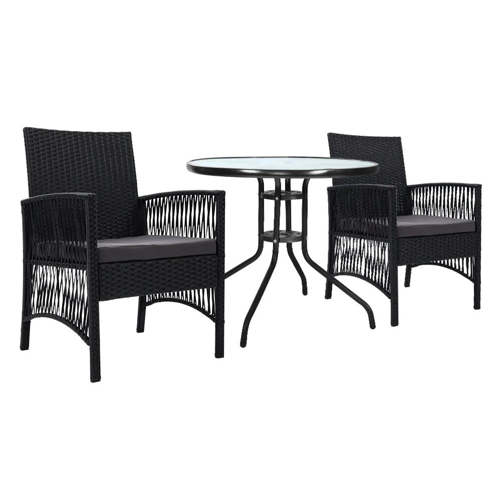 Shanklin 2-Seater Chairs Wicker Garden Patio Cushion Tea Coffee Cafe Bar 3-Piece Outdoor Furniture - Black