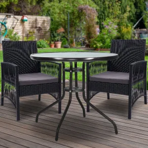 Shanklin 2-Seater Chairs Wicker Garden Patio Cushion Tea Coffee Cafe Bar 3-Piece Outdoor Furniture - Black