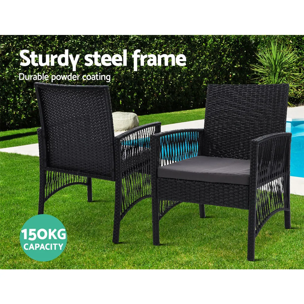 Shanklin 2-Seater Chairs Wicker Garden Patio Cushion Tea Coffee Cafe Bar 3-Piece Outdoor Furniture - Black