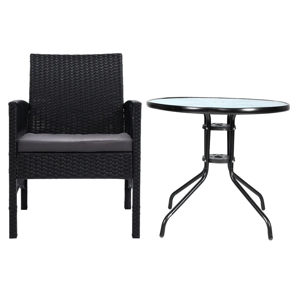 Shanklin 2-Seater Chairs Wicker Garden Patio Cushion Tea Coffee Cafe Bar 3-Piece Outdoor Furniture - Black
