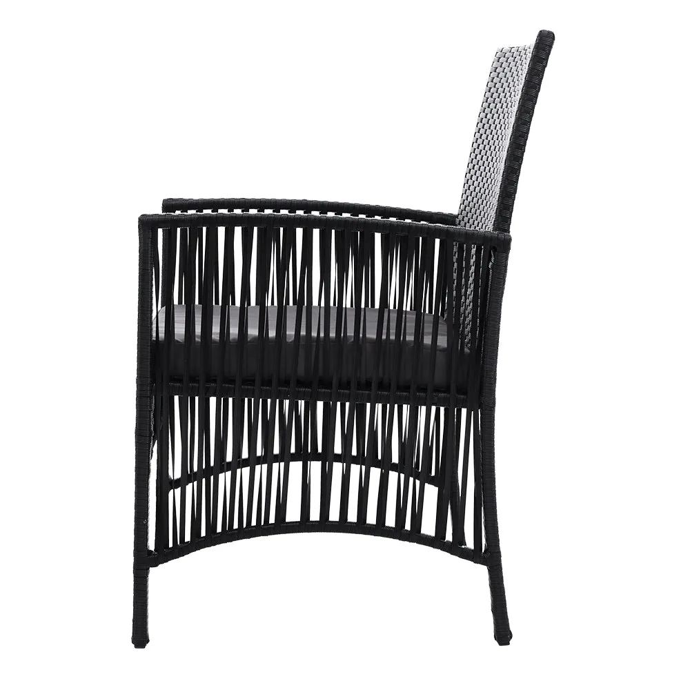 Shanklin 2-Seater Chairs Wicker Garden Patio Cushion Tea Coffee Cafe Bar 3-Piece Outdoor Furniture - Black