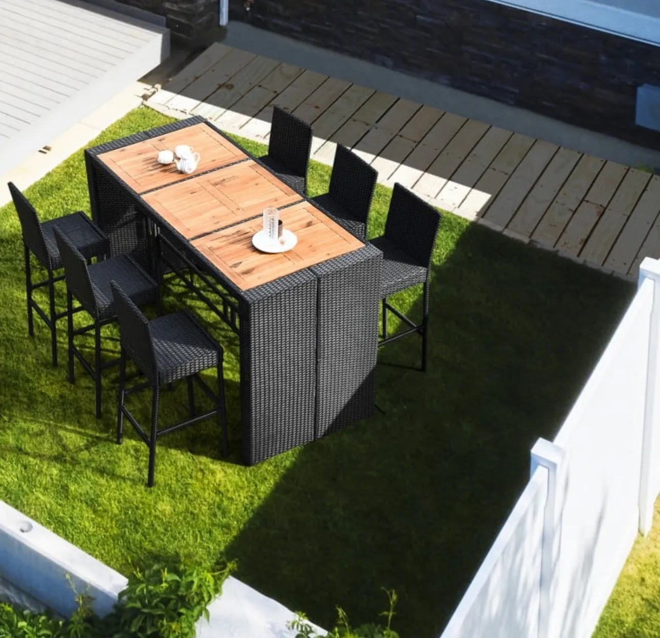 Super Elegant Heavy Duty Acacia Wood Table Top 7-Piece Patio Rattan Wicker Dining Furniture Set