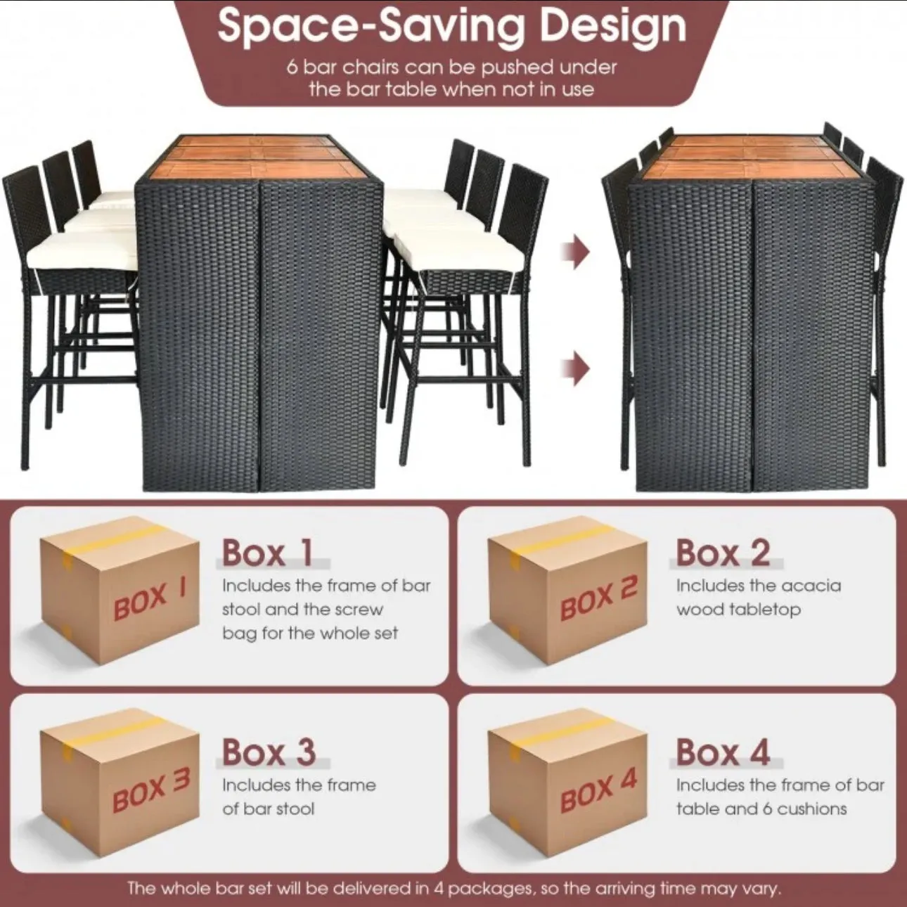 Super Elegant Heavy Duty Acacia Wood Table Top 7-Piece Patio Rattan Wicker Dining Furniture Set