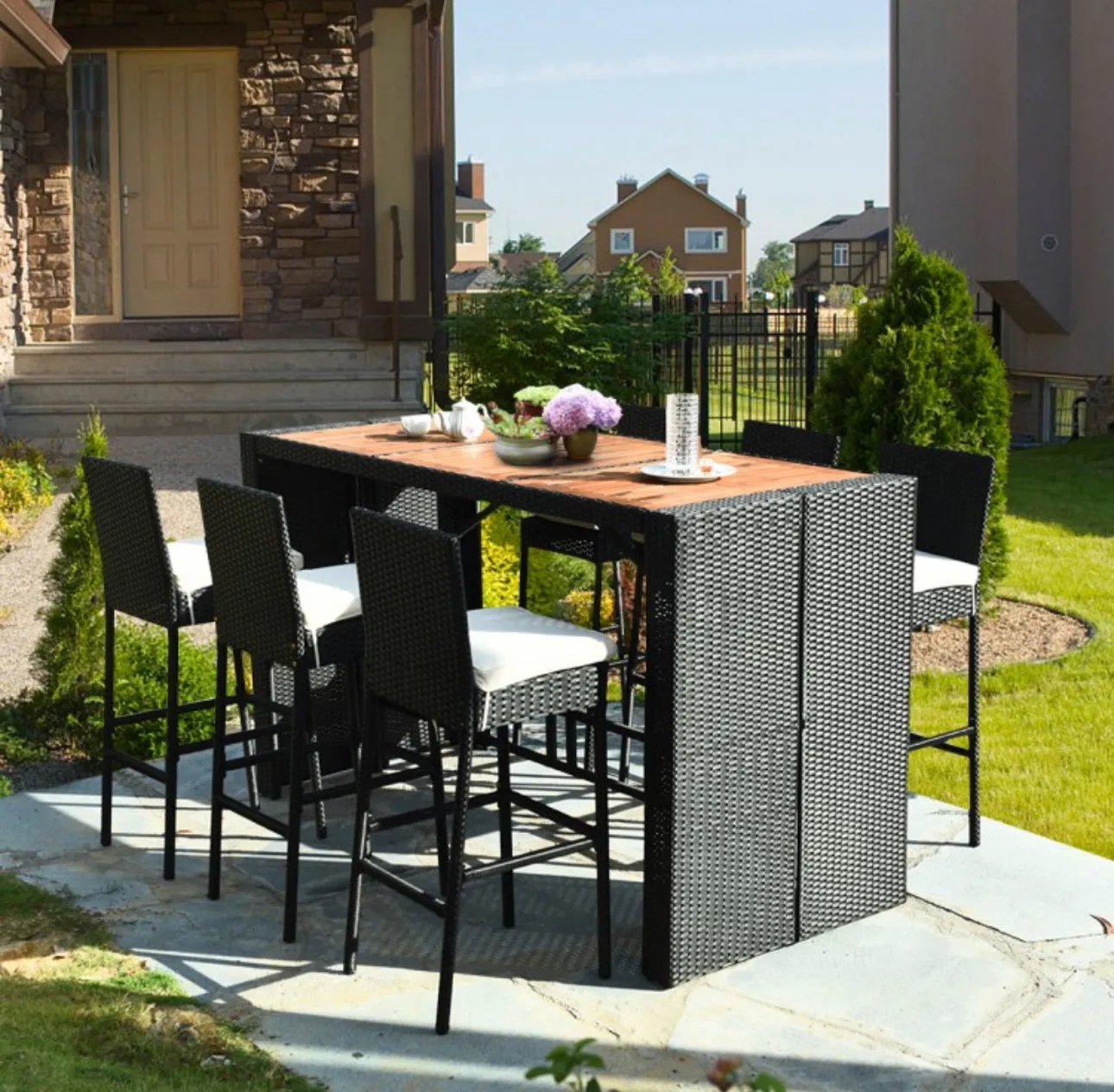 Super Elegant Heavy Duty Acacia Wood Table Top 7-Piece Patio Rattan Wicker Dining Furniture Set