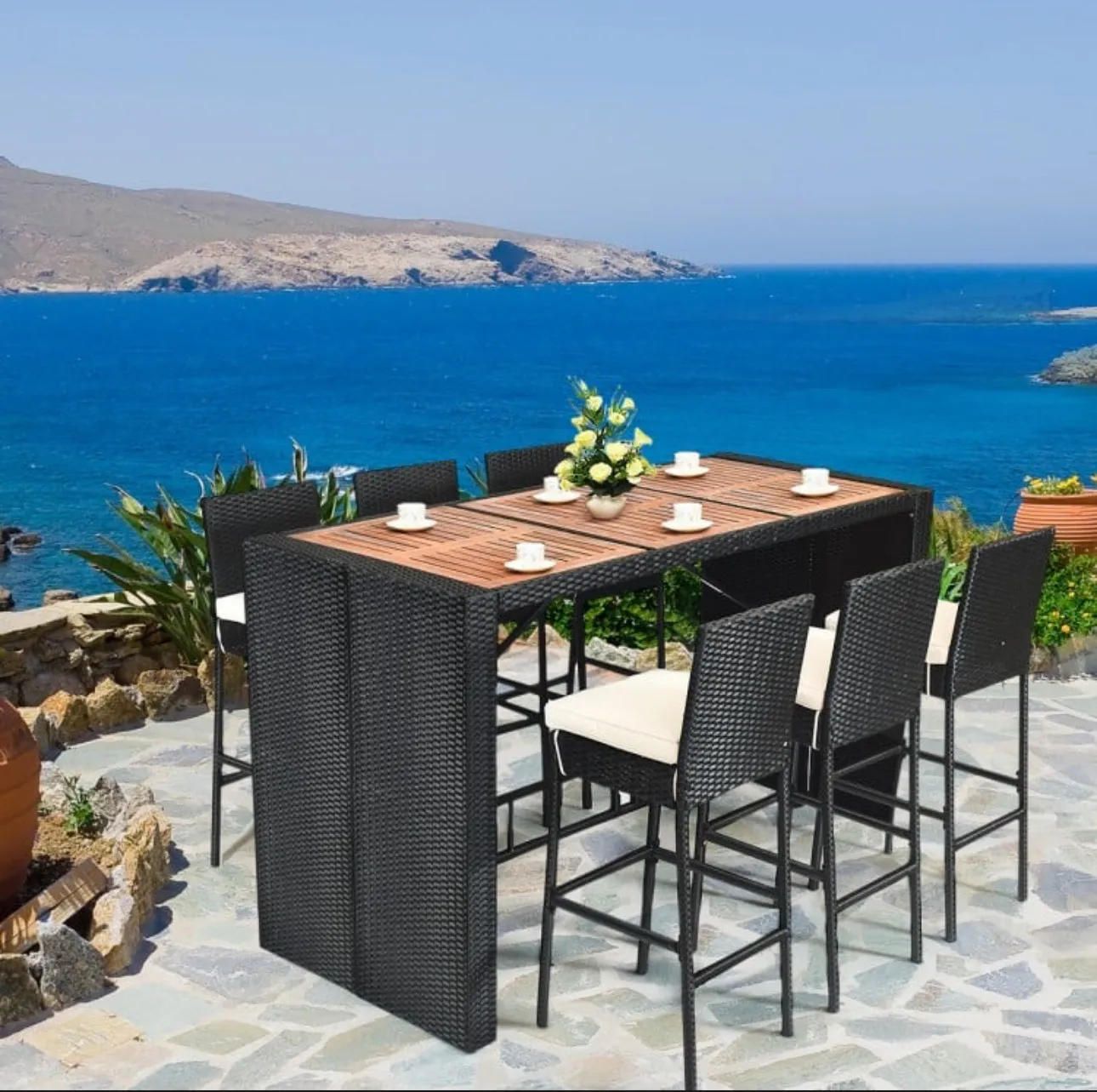 Super Elegant Heavy Duty Acacia Wood Table Top 7-Piece Patio Rattan Wicker Dining Furniture Set