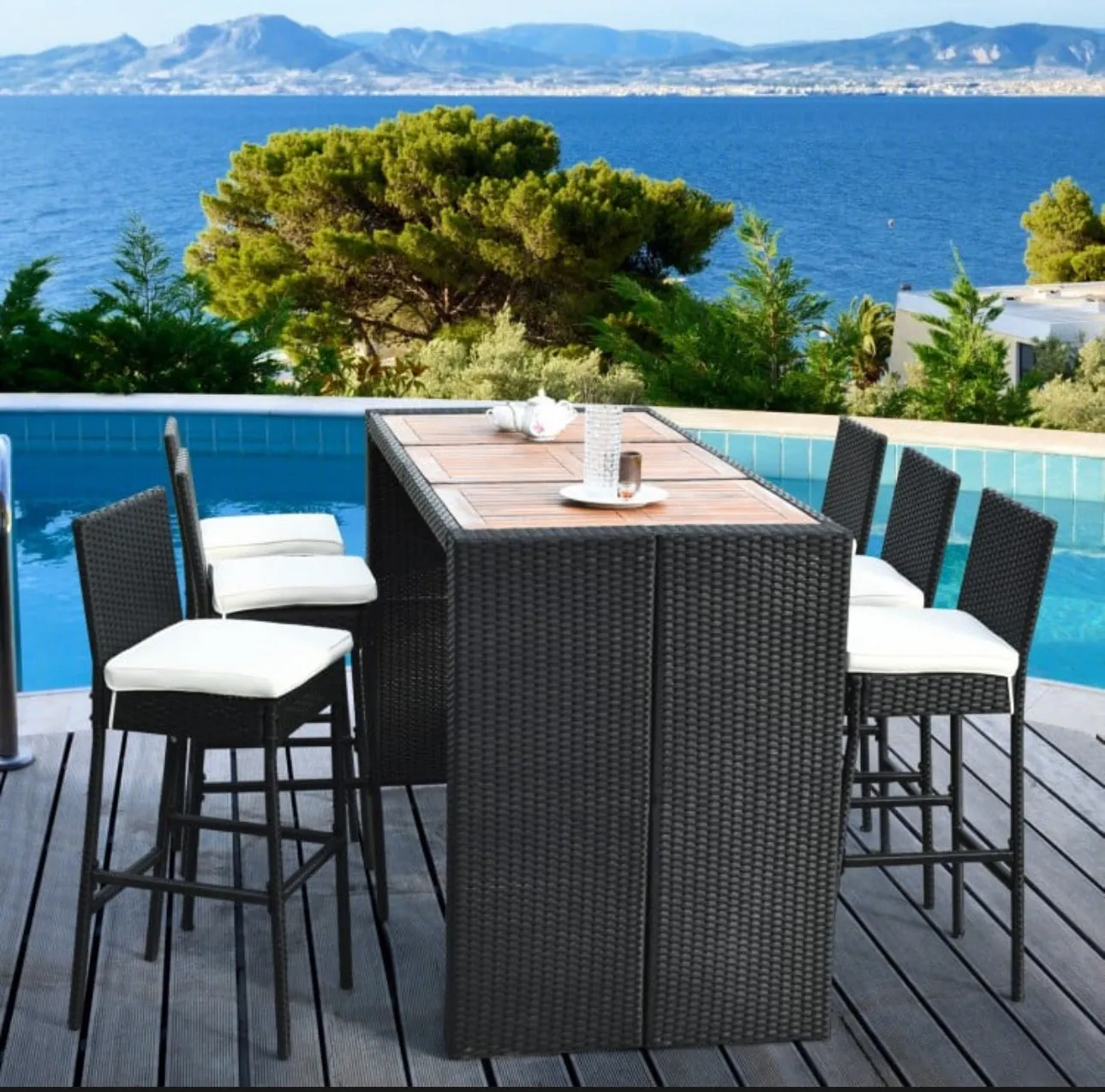Super Elegant Heavy Duty Acacia Wood Table Top 7-Piece Patio Rattan Wicker Dining Furniture Set