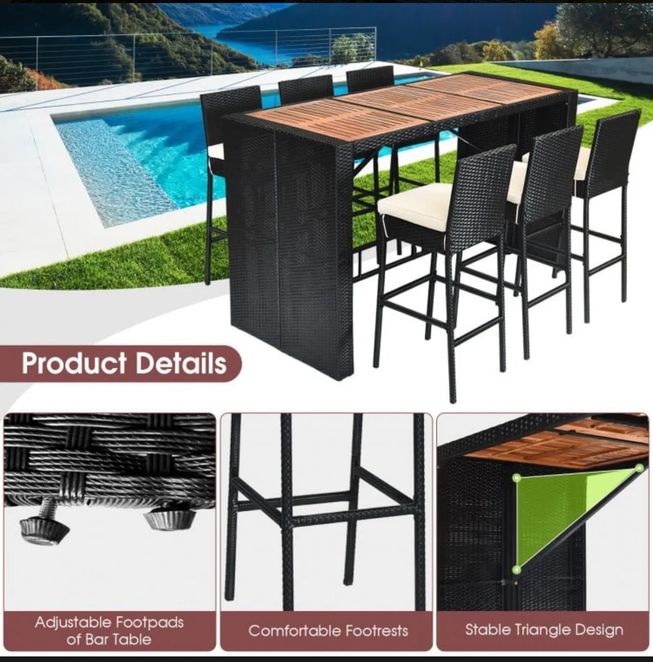 Super Elegant Heavy Duty Acacia Wood Table Top 7-Piece Patio Rattan Wicker Dining Furniture Set
