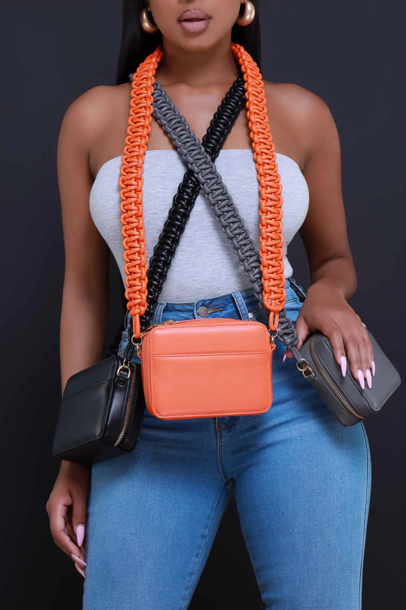 Tied Down Faux Leather Purse - Charcoal Corded
